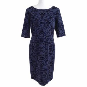 Tahari Arthur S. Levine Blue Brocade Velvet Short Sleeve Midi Dress